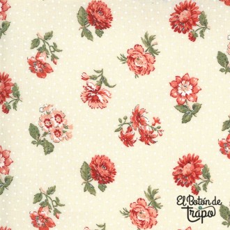 Tela color crema con estampado de flores rojas de French General