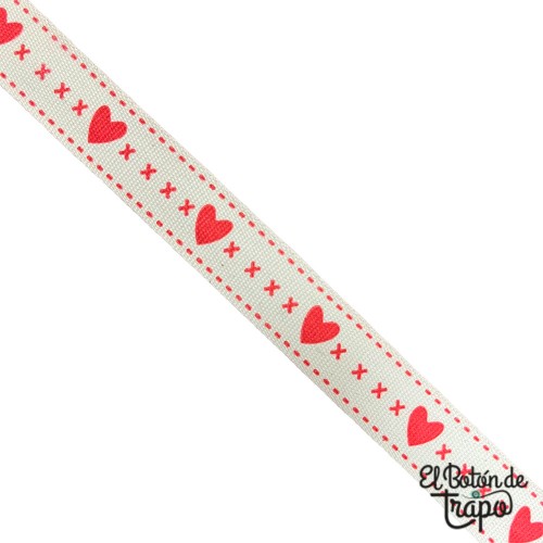 cinta decorativa algodón corazones y pespuntes rojos