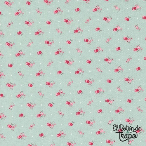 Tela turquesa con flores rosas de la colección My Summer House de Bunny Hill Designs Moda Fabrics