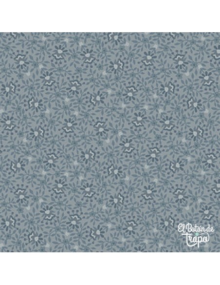 Tela Simply Charming con estampado de flores sobre fondo azul, colección de Janet Rae Nesbitt.