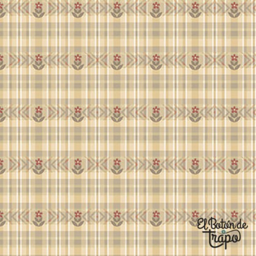 Tela Simply Charming beige con flores y cuadros para patchwork.