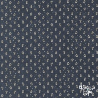 Tela Bluebird’s Nest – Azul marino con flores pequeñas en crema