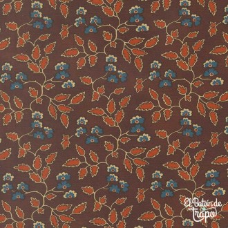 Tela patchwork marrón hojas granate algodón quilting vintage