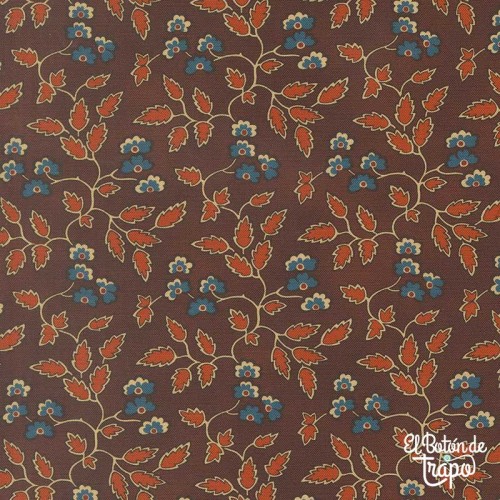 Tela patchwork marrón hojas granate algodón quilting vintage