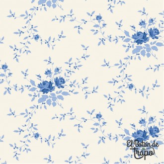 Tela Tilda Noel Blue 100661 con estampado floral azul sobre fondo crema para patchwork
