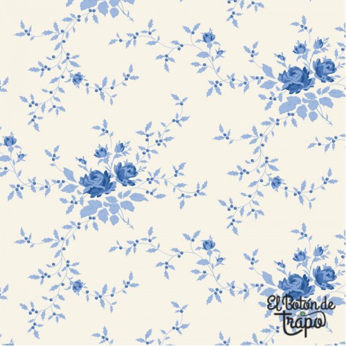 Tela Tilda Noel Blue 100661 con estampado floral azul sobre fondo crema para patchwork