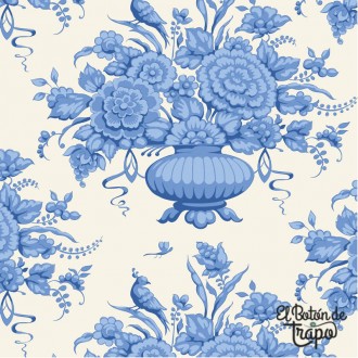 Tela Tilda Afina Blue 100662 con flores azules y pájaros decorativos