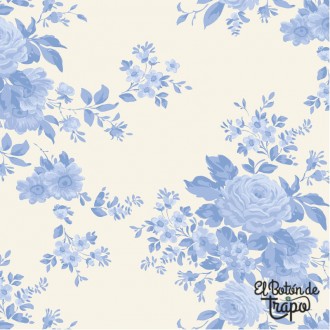 Tela Tilda Carol Pale Blue 100664 con estampado floral blanco sobre fondo azul