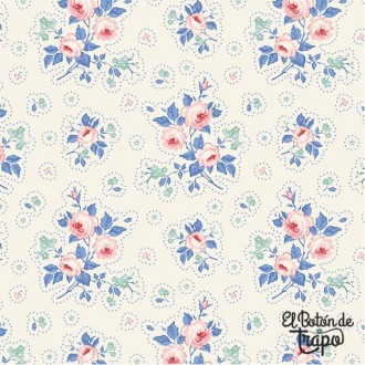 Tela Tilda First Kiss Cream 100669 con ramos florales rosas y azules sobre fondo crema