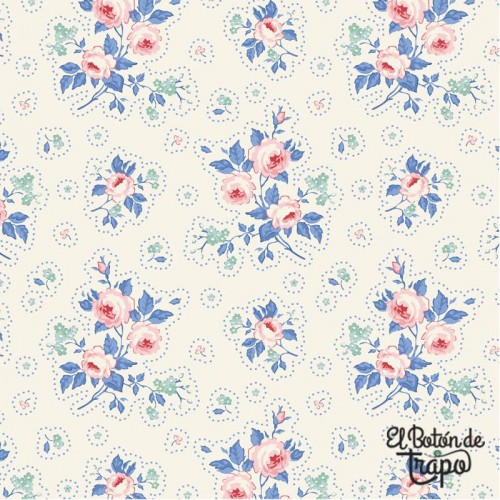 Tela Tilda First Kiss Cream 100669 con ramos florales rosas y azules sobre fondo crema