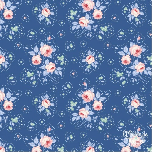 Tela Tilda First Kiss Denim 100679 con flores rosas sobre fondo azul denim