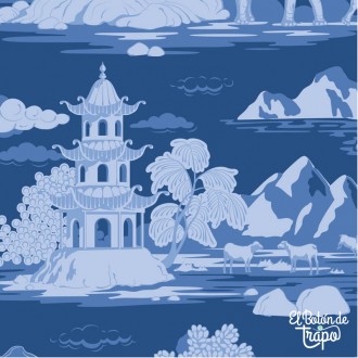 Tela Tilda Cottonview Night 100680 con paisaje oriental azul