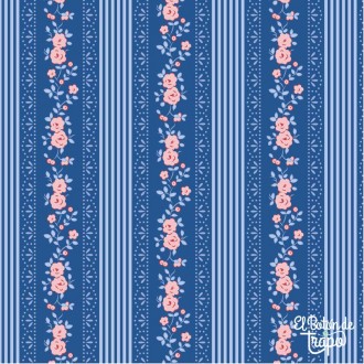 Tela Tilda Claramay Denim 110167 con rayas azules y guirnaldas florales rosas