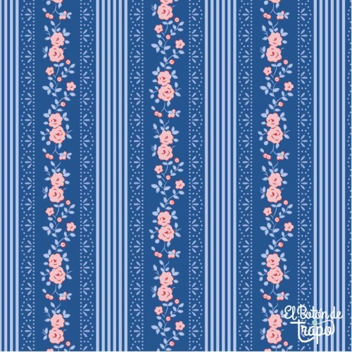 Tela Tilda Claramay Denim 110167 con rayas azules y guirnaldas florales rosas