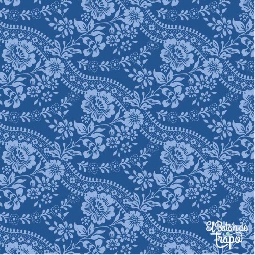 Tela Tilda Celeste Denim 110168 con estampado floral ornamental azul sobre azul denim