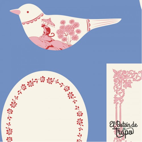 Tela Tilda Labels & Ornaments Blue 110173 con etiquetas decorativas y pájaros