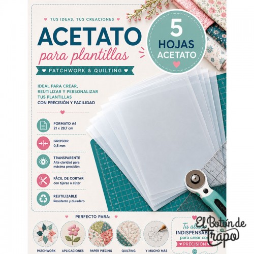 Pack de 5 hojas de acetato transparente A4 para crear plantillas reutilizables de patchwork, quilting y appliqué