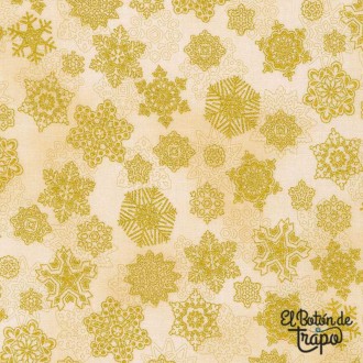 Tela Navidad copos de nieve crema y dorado