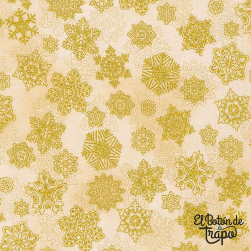Tela Navidad copos de nieve crema y dorado