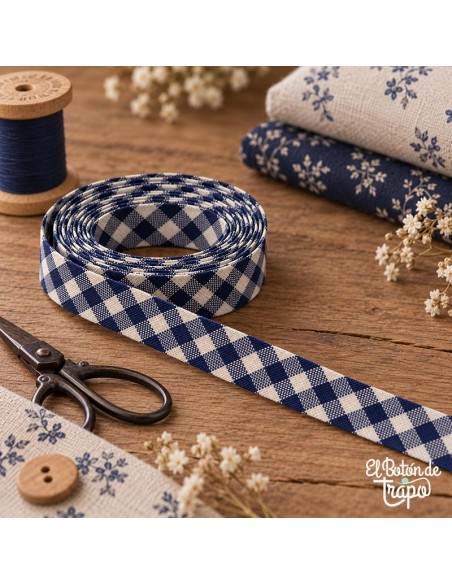 Cinta al bies Vichy azul de 18 mm 100% algodón para patchwork