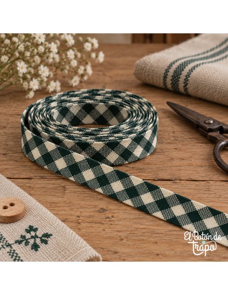 Cinta al bies Vichy verde de 18 mm 100% algodón para patchwork