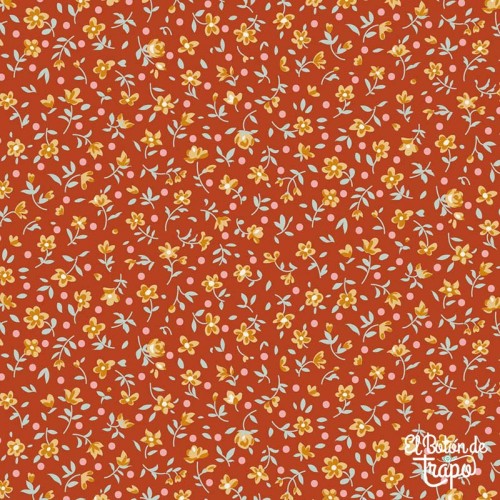 Tela Tilda Village Life Mae Rust 110176 con estampado floral sobre fondo teja