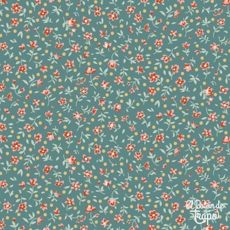 Tela Tilda Village Life Mae Teal 110178 con pequeñas flores sobre fondo verde azulado