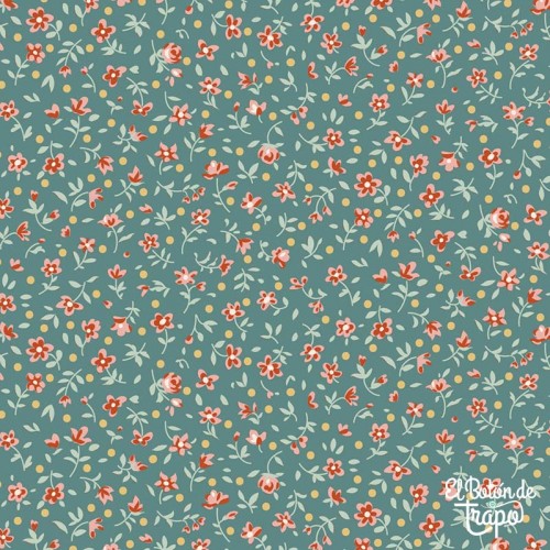 Tela Tilda Village Life Mae Teal 110178 con pequeñas flores sobre fondo verde azulado