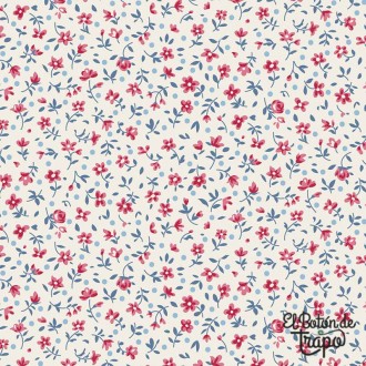Tela Tilda Village Life Mae Cream 110181 con flores rosas y azules sobre fondo crema
