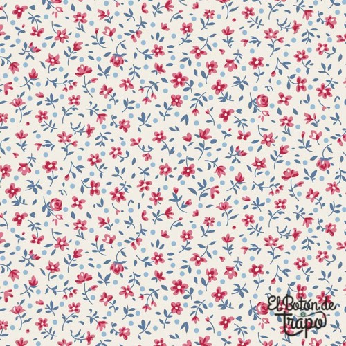 Tela Tilda Village Life Mae Cream 110181 con flores rosas y azules sobre fondo crema