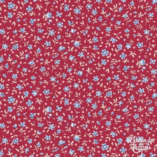 Tela Tilda Village Life Mae Burgundy 110183 con flores azules sobre fondo burdeos