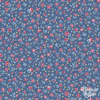 Tela Tilda Village Life Mae Blue 110185 con estampado floral sobre fondo azul