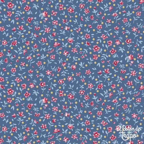 Tela Tilda Village Life Mae Blue 110185 con estampado floral sobre fondo azul