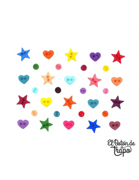 Botones pequeños multicolor de estrellas corazones y círculos