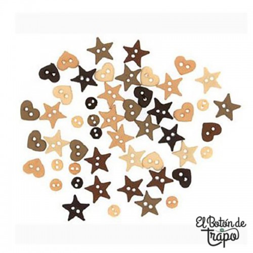 Botones pequeños multicolor de estrellas corazones y círculos natural