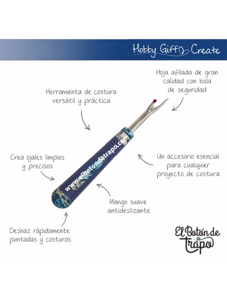 Herramienta de costura para descoser puntadas y abrir ojales de forma precisa.
