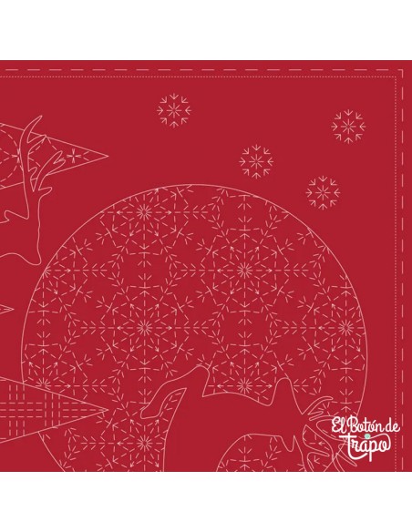 Panel navideño Sashiko con motivos de árbol de Navidad y reno.