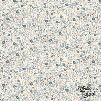 Tela infantil Ditsy Daisy DV2152 de algodón con delicado estampado floral azul y verde sobre fondo crema