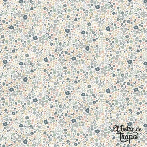 Tela infantil Ditsy Daisy DV2152 de algodón con delicado estampado floral azul y verde sobre fondo crema